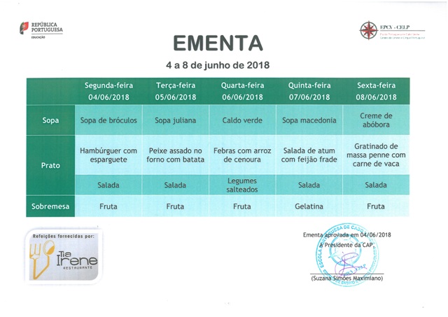 EMENTA DE 4 DE JUNHO A 8 DE JUNHO